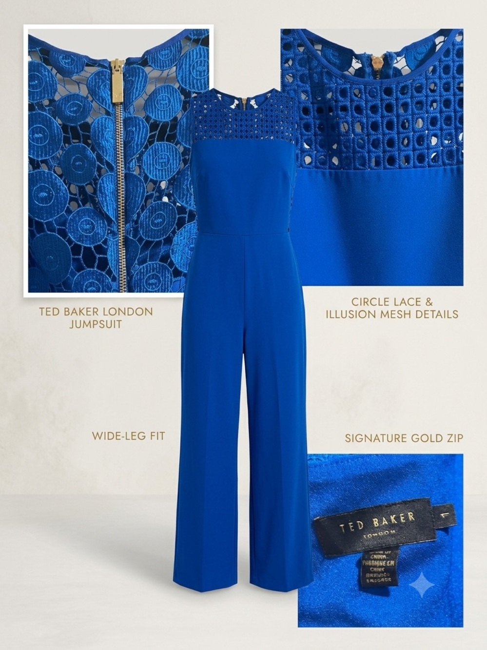 Ted Baker London Cobalt Cropped-Length Formal Jumpsuit with Lace Yoke
